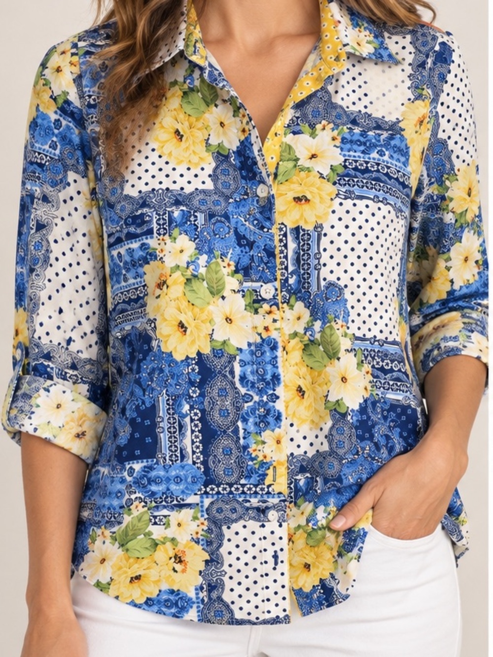 Susan Graver Blue and Yellow Floral Patchwork Button-Down Shirt
